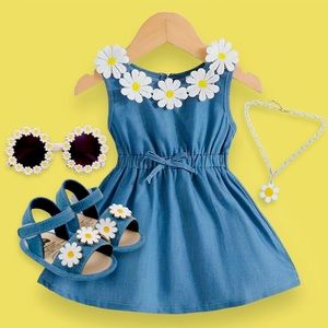 Denim Daisy Dress, Sandals, Sunglasses, Necklace 4pc Set